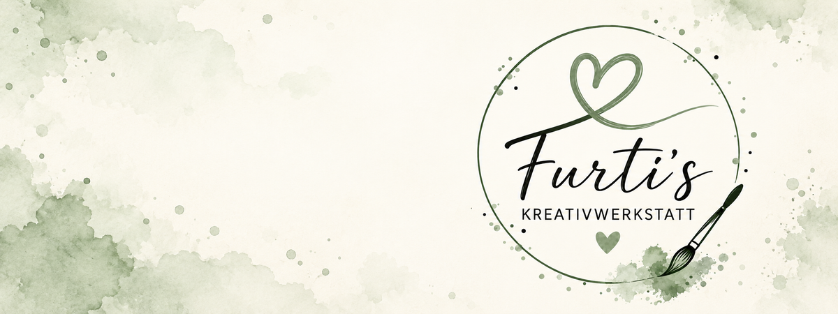 Breites Headerbanner mit Logo Furti’s Kreativwerkstatt und grünem Aquarell